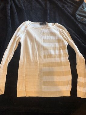 Crewneck‎ Stripe-Accent Cream & Tan Knit Sweater